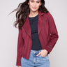 Women's cabernet faux suede jacket with a stylish hook-and-eye closure, enhancing its sleek look by Charlie B.