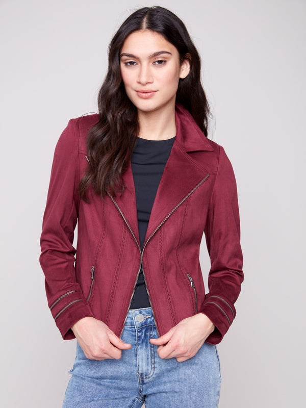Women's cabernet faux suede jacket with a modern lapel notch collar, perfect for any occasion by Charlie B.