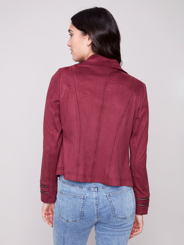 Experience the elegance of this women's cabernet faux suede jacket with its flattering short length design by Charlie B.