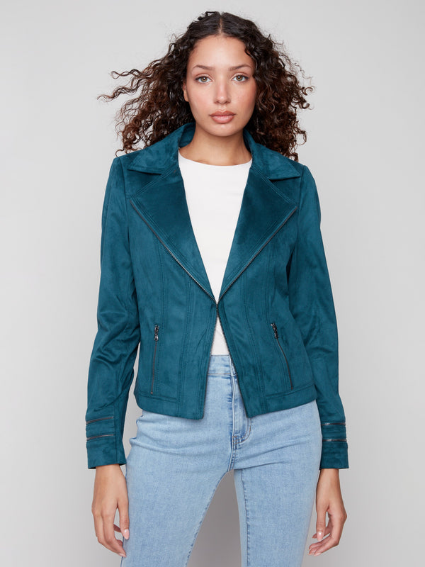 Women's evergreen faux suede jacket featuring a stylish hook-and-eye closure for a sleek look by Charlie B.