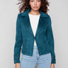 Women's evergreen faux suede jacket featuring a stylish hook-and-eye closure for a sleek look by Charlie B.