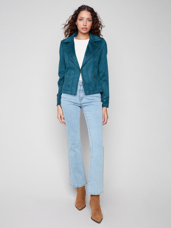 This chic evergreen faux suede jacket boasts faux pockets with zipper details, adding an edgy touch by Charlie B.