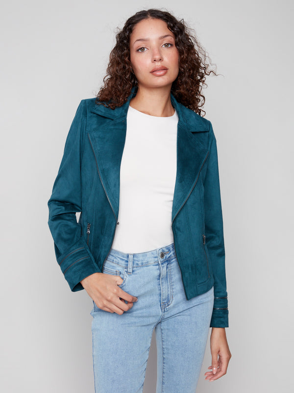 Elevate your style with this short length evergreen faux suede jacket, perfect for layering by Charlie B.