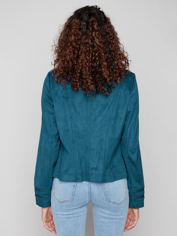 Experience elegance with this evergreen faux suede jacket featuring a classic lapel notch collar by Charlie B.