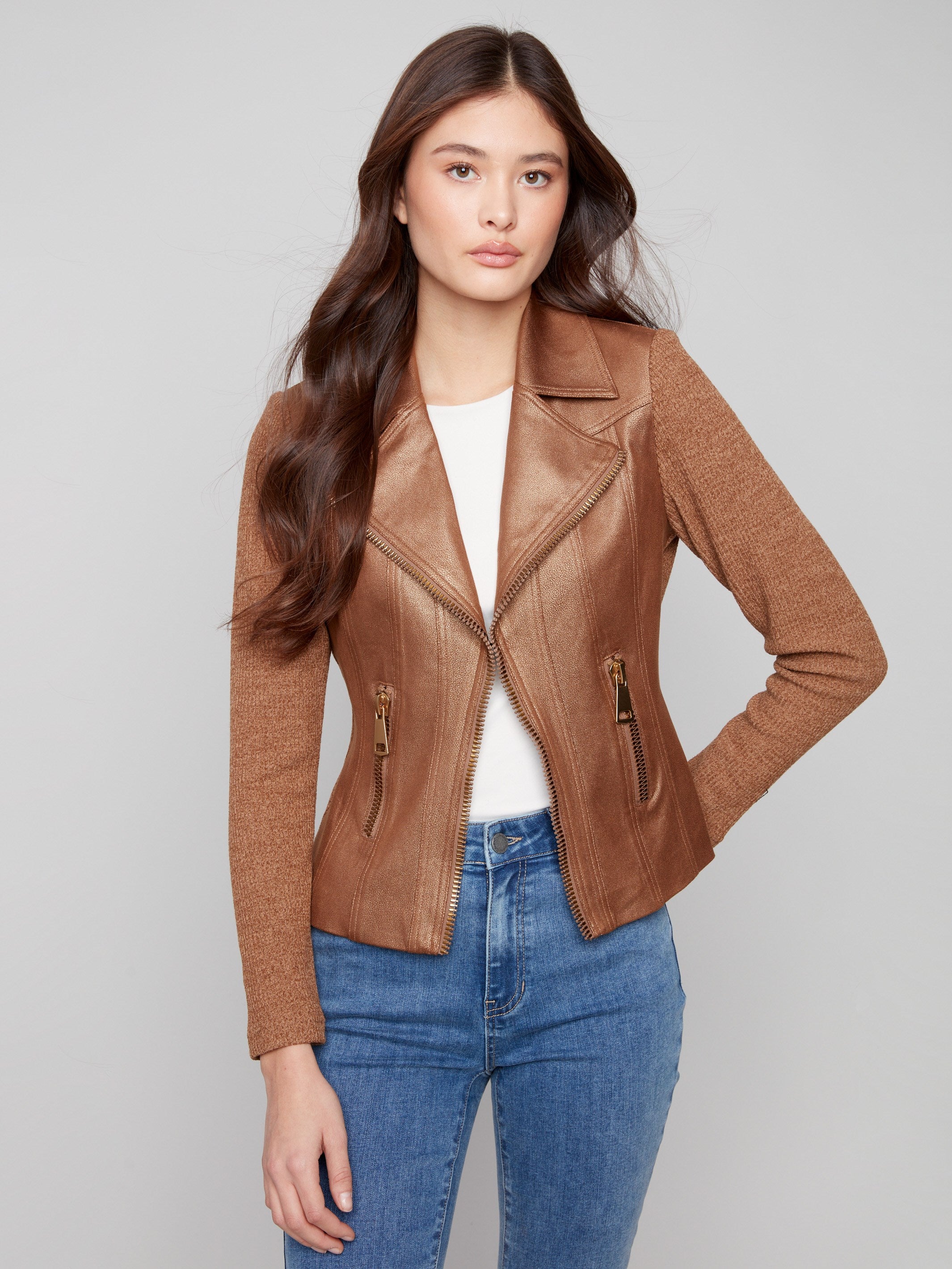 Copper jacket with a stylish lapel notch collar and rib knit sleeves, perfect for a chic look by Charlie B.