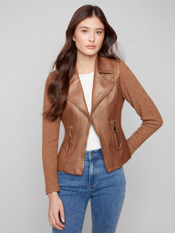 Copper jacket with a stylish lapel notch collar and rib knit sleeves, perfect for a chic look by Charlie B.