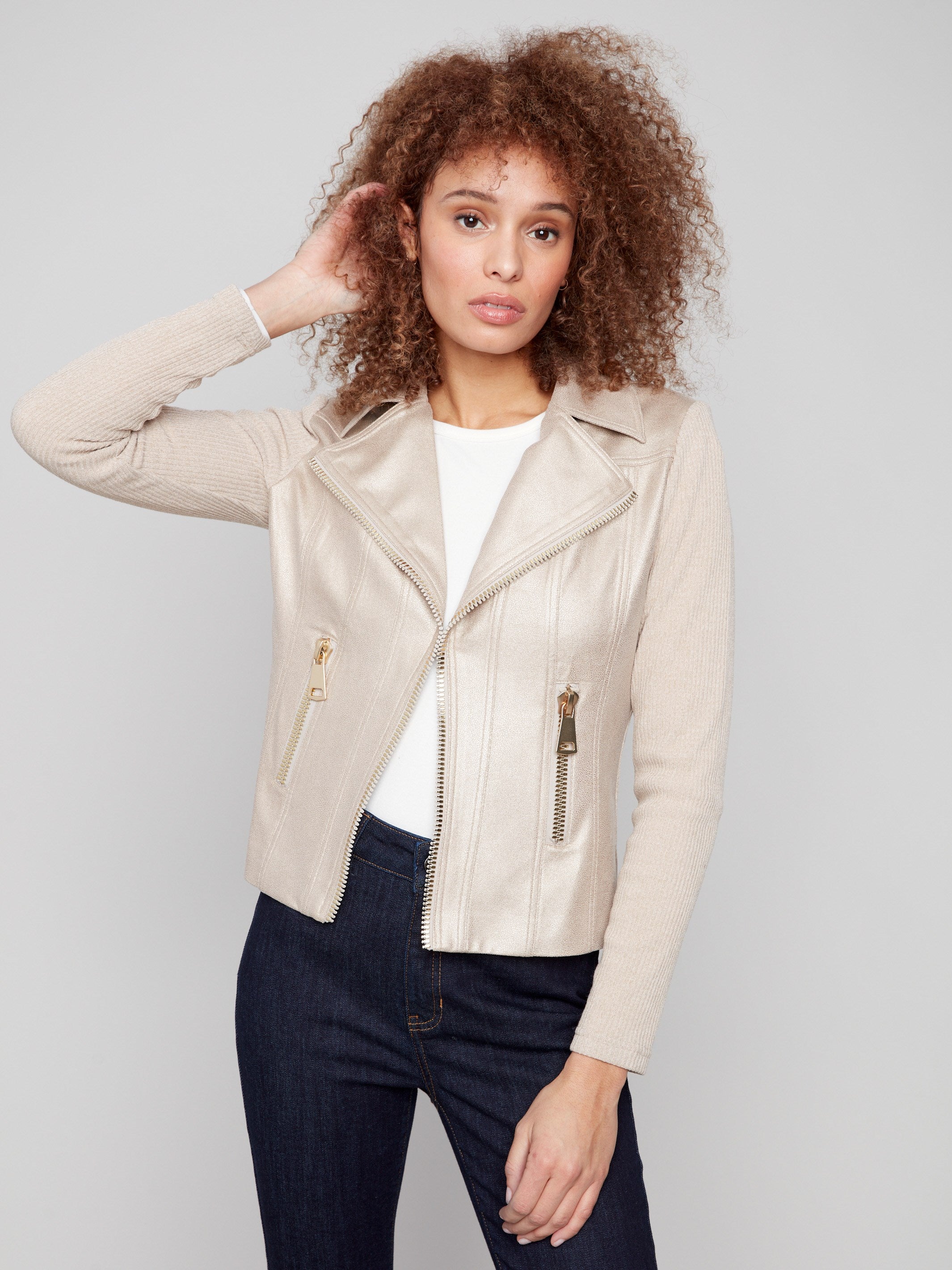 Elegant brass jacket with hook-and-eye closure and rib knit sleeves for a comfortable fit by Charlie B.