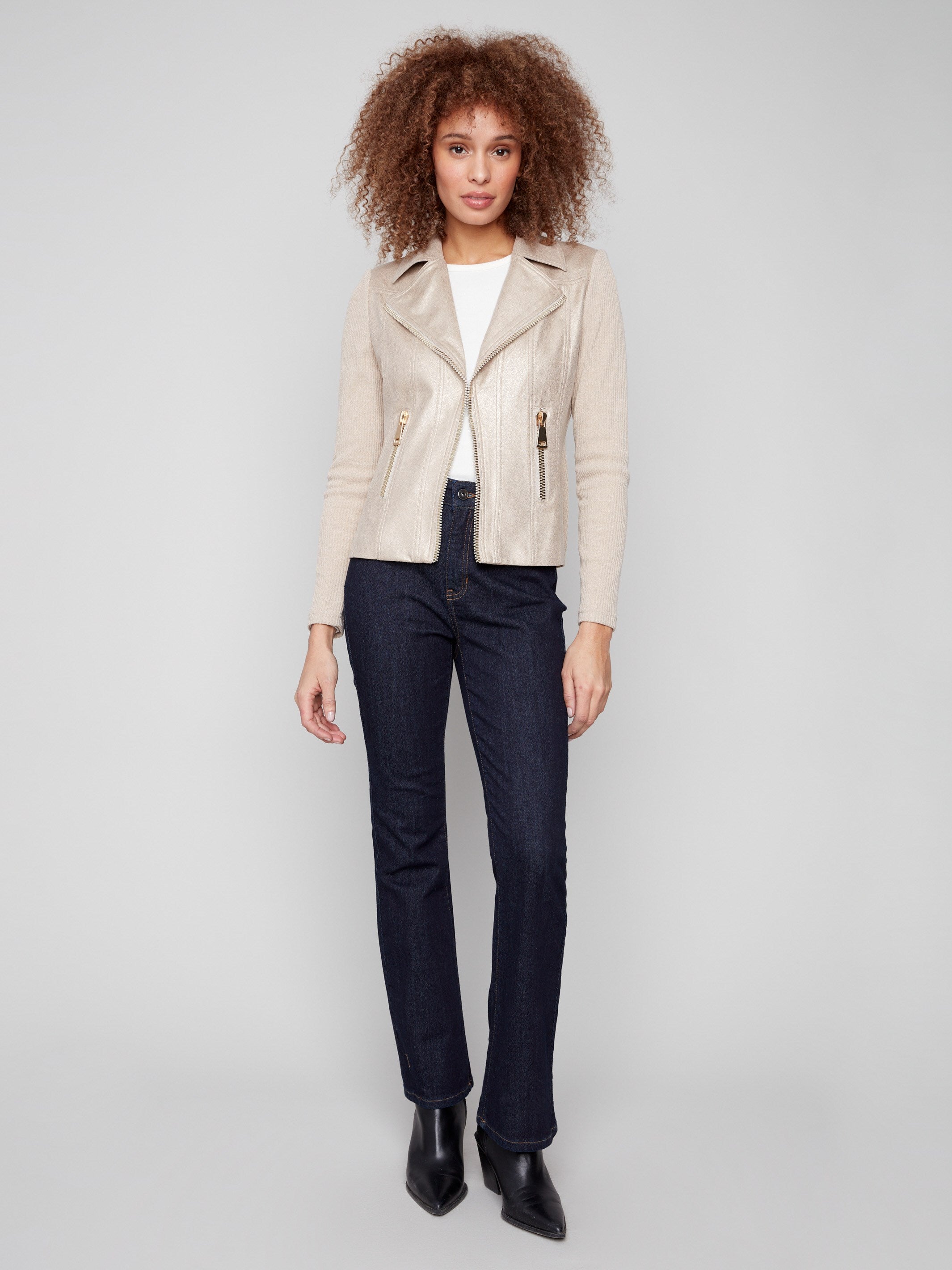 Chic brass faux leather jacket with foiled texture and fashionable design elements by Charlie B.