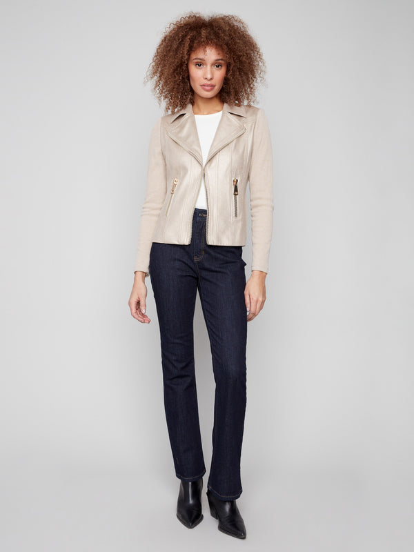 Chic brass faux leather jacket with foiled texture and fashionable design elements by Charlie B.