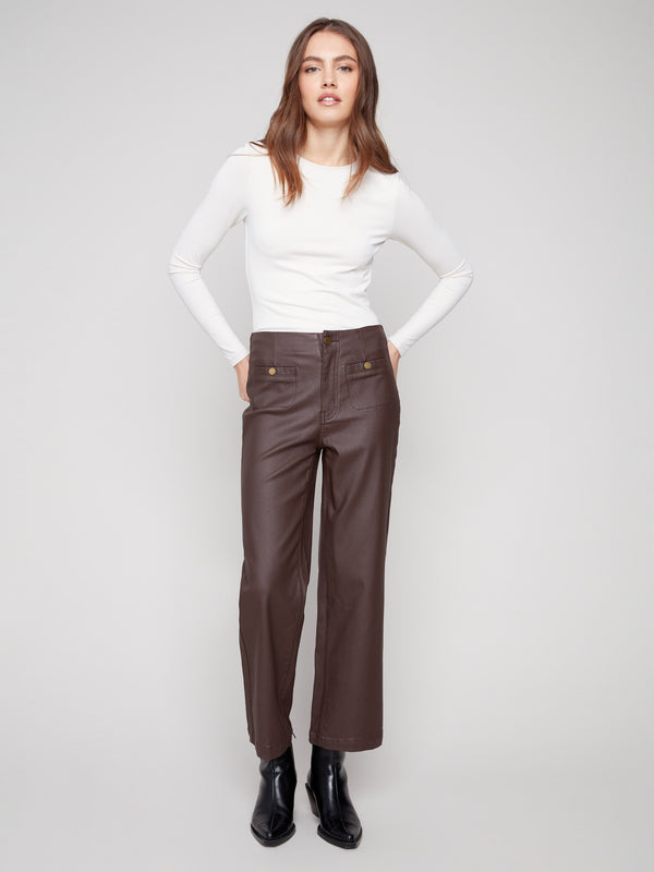 Mocha wax flared pants featuring a stylish cropped length for a modern look by Charlie B.