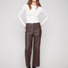Mocha wax flared pants featuring a stylish cropped length for a modern look by Charlie B.