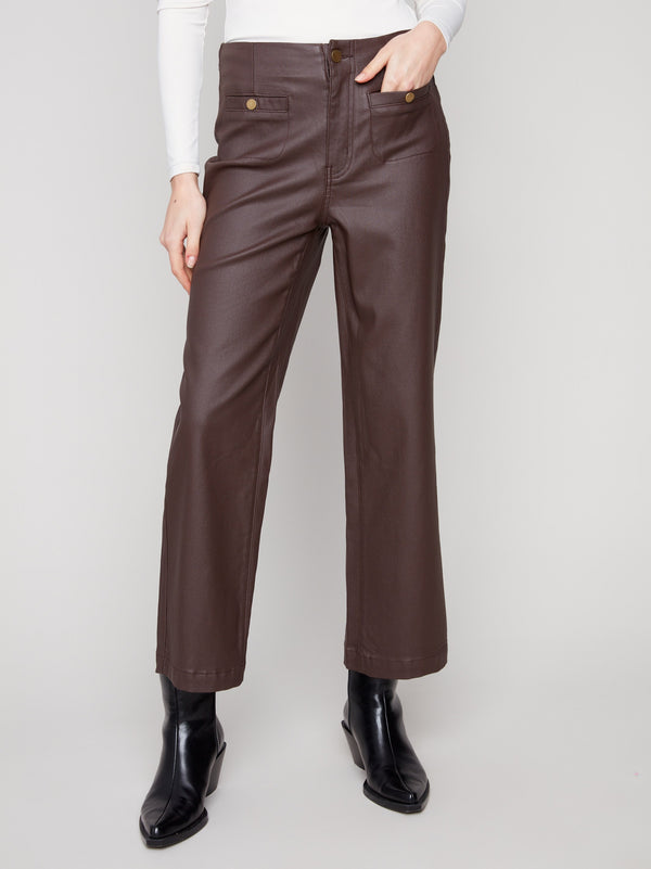 Elegant mocha pants crafted from stretch wax twill fabric, ensuring comfort and style by Charlie B.