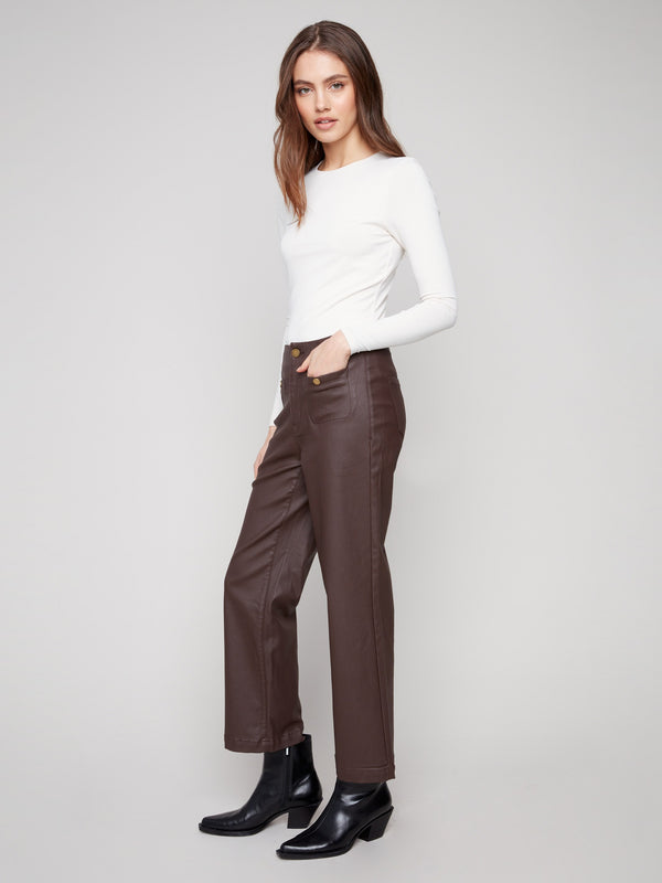 Sophisticated mocha pants with flare fit and front welt pockets, perfect for any occasion by Charlie B.