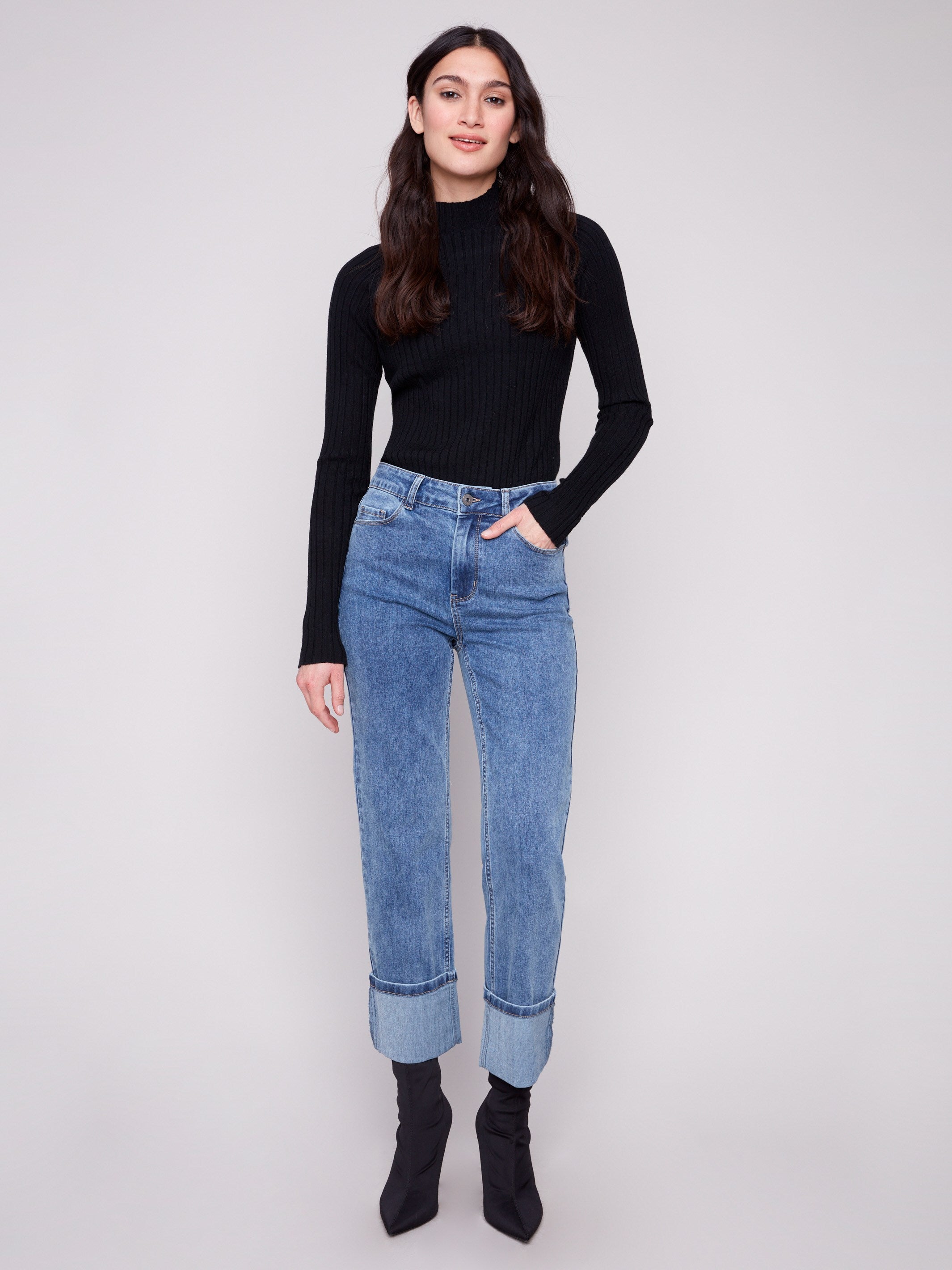 Medium blue jeans with a straight fit and wide cuffs, featuring a comfortable stretch denim fabric for everyday wear by Charlie B.