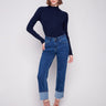 Indigo jeans with a straight fit, showcasing a stylish wide cuff at the hem and crafted from stretch denim by Charlie B.