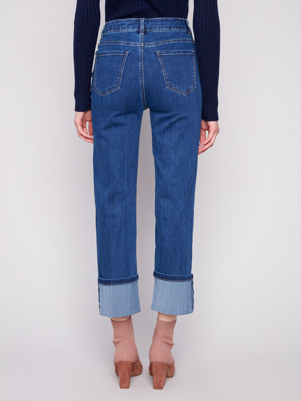 Regular rise indigo jeans with wide cuffs, perfect for pairing with boots or sneakers by Charlie B.