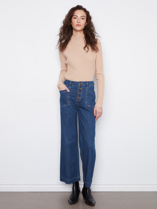 Jean à jambe large avec boutons et poches plaquées - Indigo
