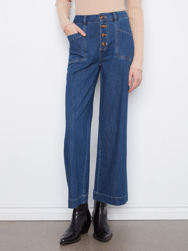 Jean à jambe large avec boutons et poches plaquées - Indigo