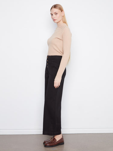 Elegant black twill pants in a wide-leg cut with stretch fabric for added comfort by Charlie B.