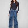 Blue wide-leg jeans featuring a long length and elegant floral jacquard design, perfect for stylish comfort by Charlie B.