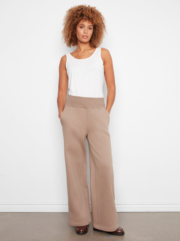 Pantalon à jambe large en molleton à enfiler - Taupe