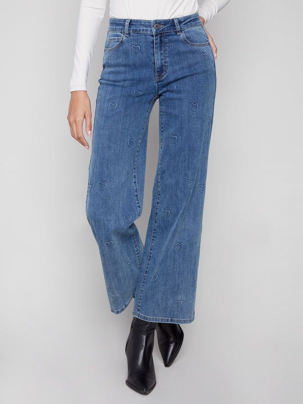 Wide Leg Jeans With All-Over Hearts - Denim Hearts