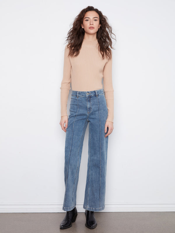 Wide Leg Jeans With Front Seam Detail - Medium Blue