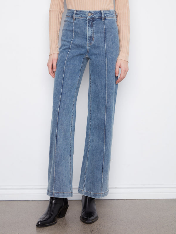 Wide Leg Jeans With Front Seam Detail - Medium Blue