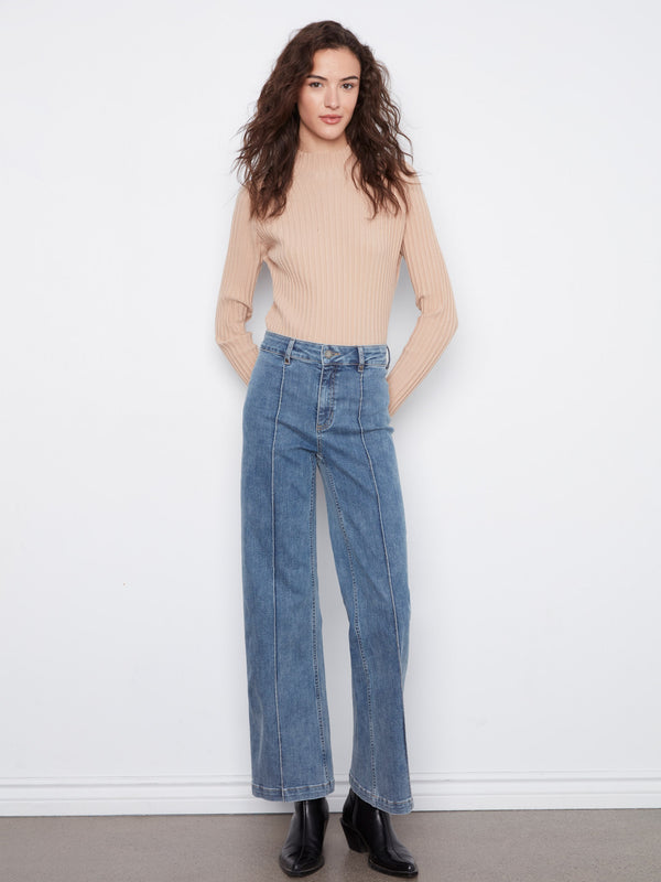 Wide Leg Jeans With Front Seam Detail - Medium Blue