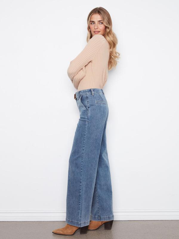Wide Leg Jeans With Removable Belt - Medium Blue