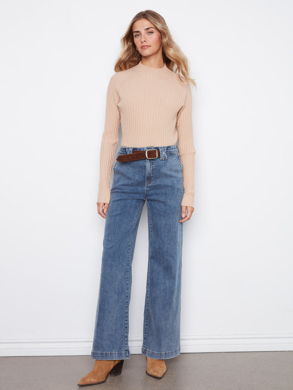 Wide Leg Jeans With Removable Belt - Medium Blue