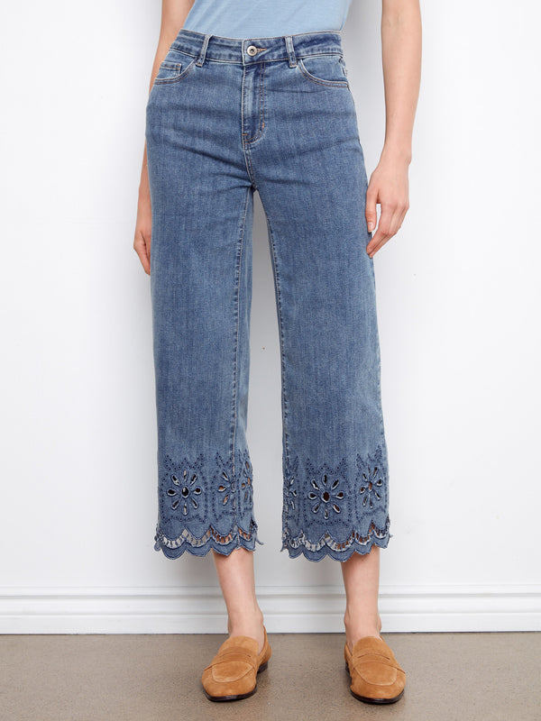 Wide Leg Jeans With Scalloped Eyelet Hem - Medium Blue