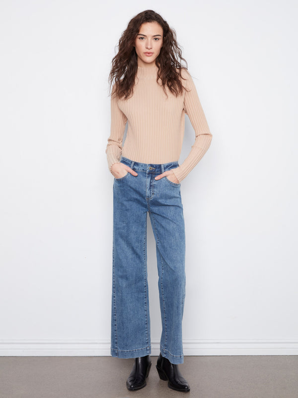 Wide Leg Jeans With Side Panel Detail - Medium Blue