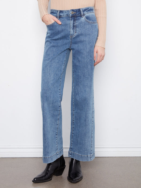 Wide Leg Jeans With Side Panel Detail - Medium Blue