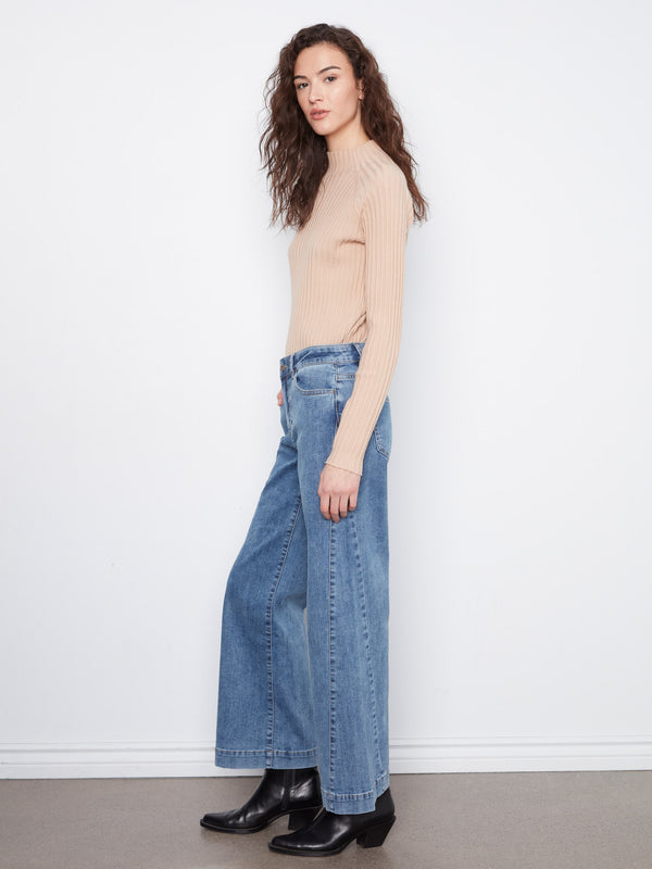 Wide Leg Jeans With Side Panel Detail - Medium Blue