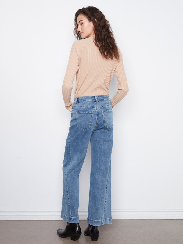 Wide Leg Jeans With Side Panel Detail - Medium Blue