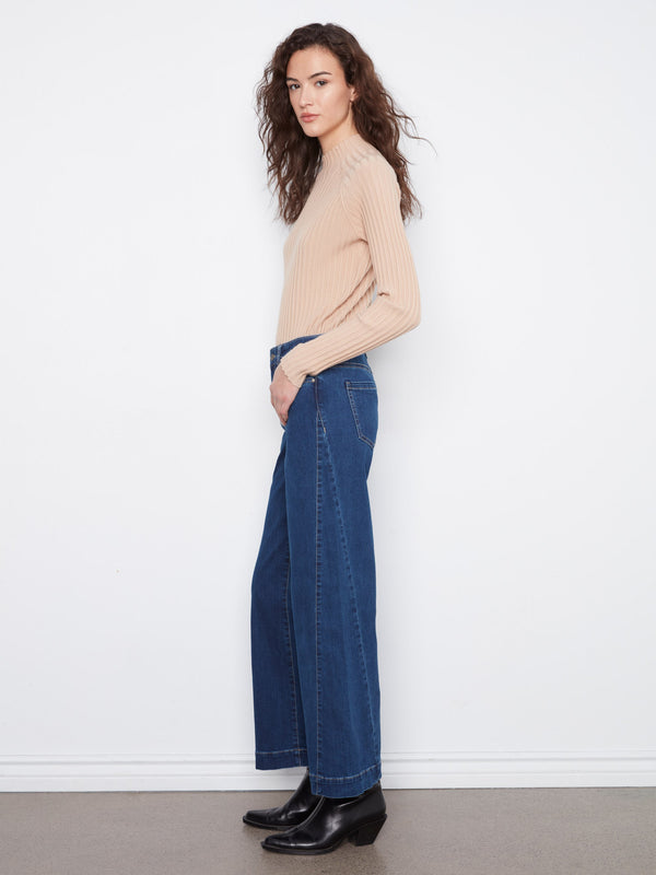 Wide Leg Jeans With Side Panel Detail - Indigo