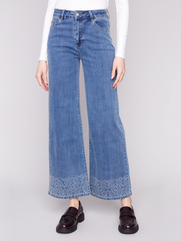 These jeans offer a long length with patterned studs at the hem, made from stretch denim for comfort by Charlie B.