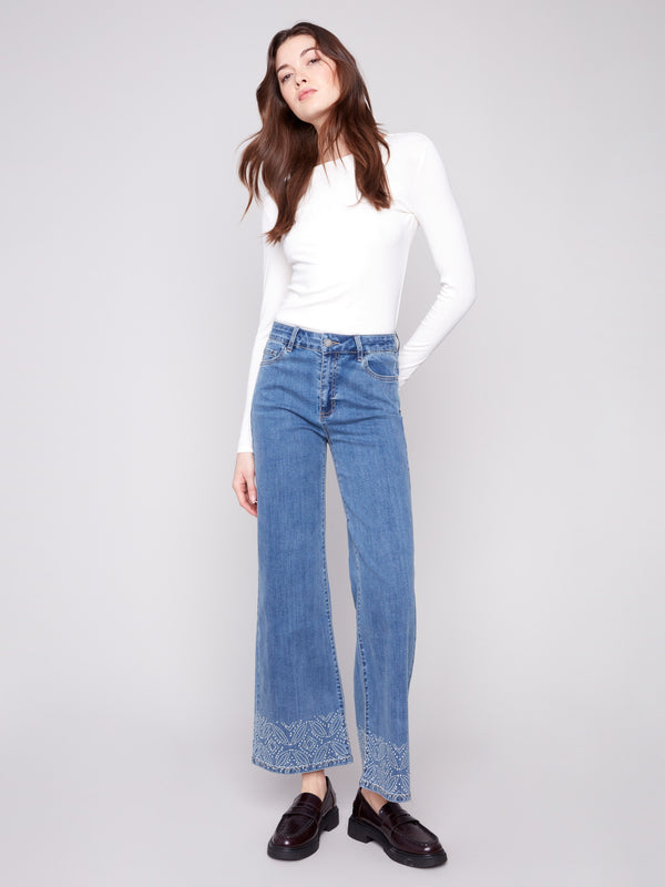 Wide Leg Jeans With Studded Hem - Medium Blue