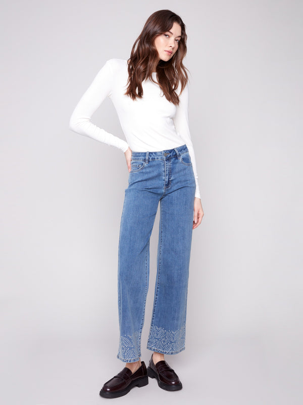 Wide Leg Jeans With Studded Hem - Medium Blue
