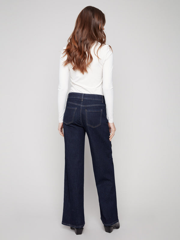 Five-pocket design adds functionality to these stylishly embroidered wide-leg jeans by Charlie B.