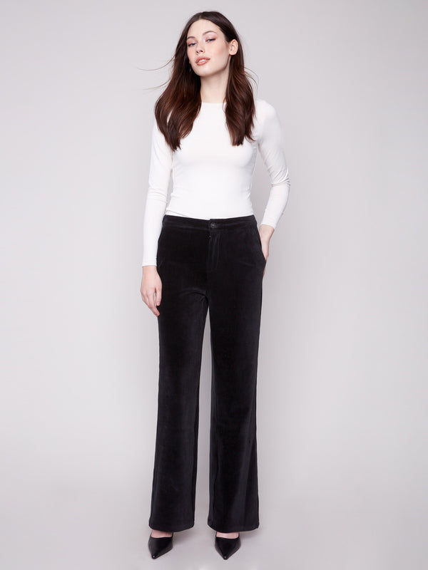 Black wide-leg corduroy pants featuring a long length for an elegant look by Charlie B.