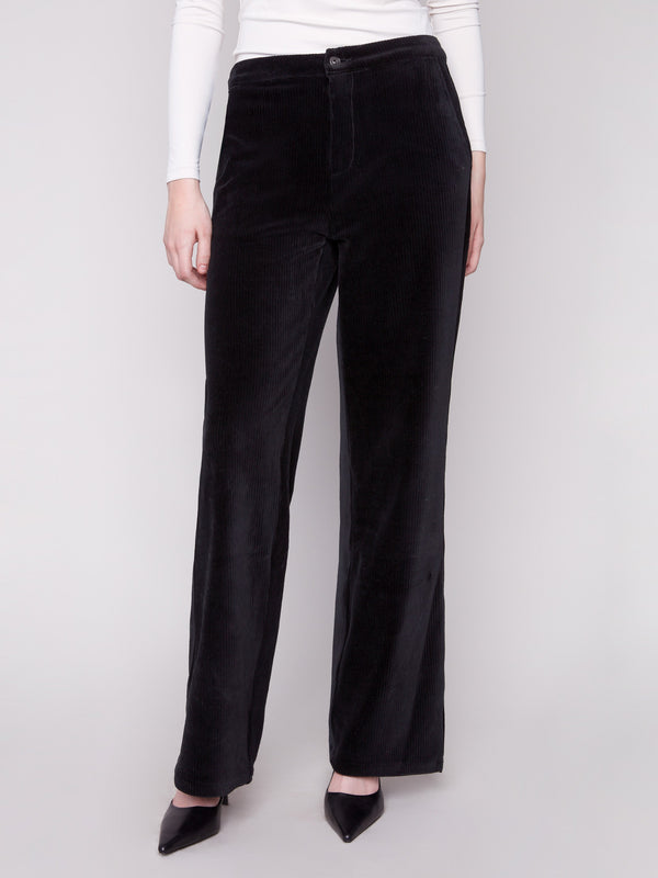 Stylish black pants with side and back pockets, crafted in stretch corduroy by Charlie B.