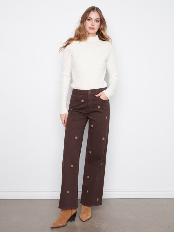 Wide Leg Twill Pants With Floral Embroidery - Coffee