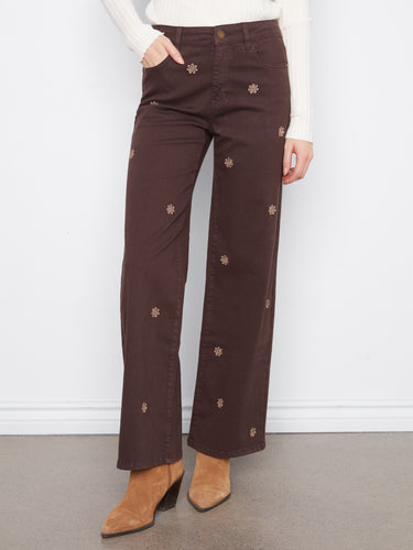 Stretch twill brown pants with floral embroidery, offering a regular rise and five-pocket style by Charlie B.