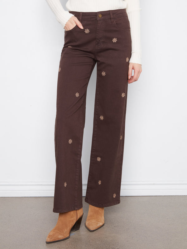 Wide Leg Twill Pants With Floral Embroidery - Coffee