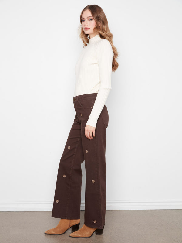 Wide Leg Twill Pants With Floral Embroidery - Coffee