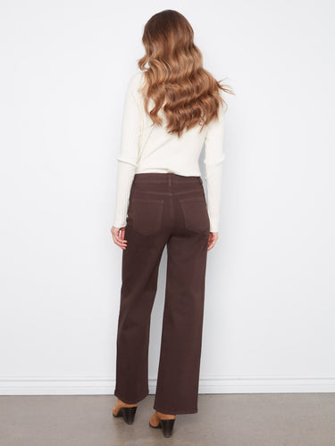 Full-length brown pants with floral embroidery, crafted from stretch twill fabric and featuring a wide-leg cut by Charlie B.