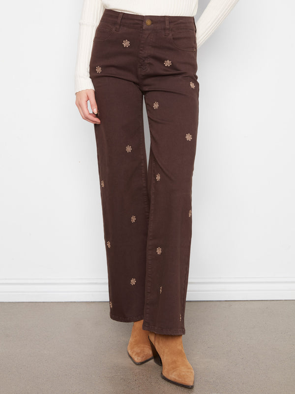 Wide Leg Twill Pants With Floral Embroidery - Coffee
