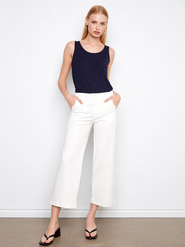 Wide Leg Twill Pants With Scalloped Edges - White